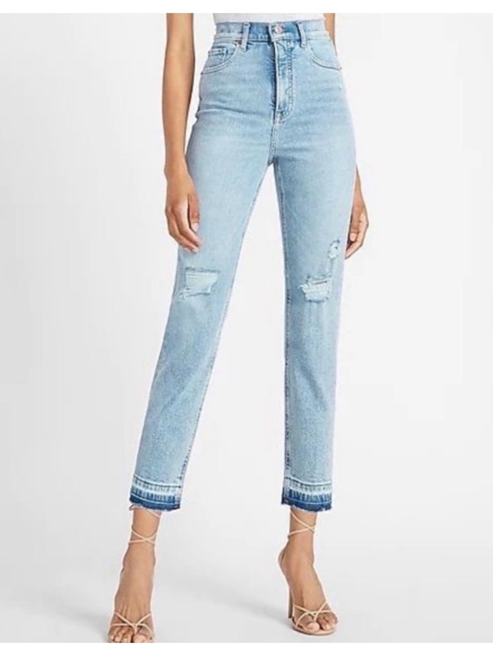 Express Mom Jean- Super High Rise Light Blue Cropped Straight Leg